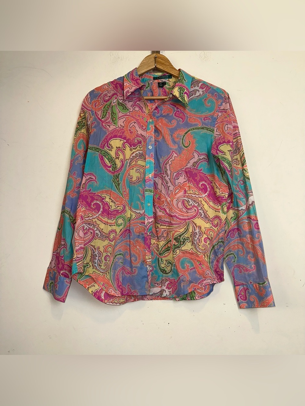 VTG Lauren Ralph Lauren Shirt SZ Large 100% Cotton Pink Paisley Floral Button Up - Picture 2 of 7